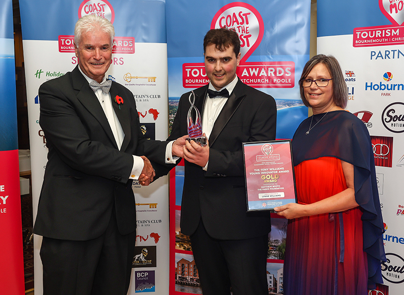 Matthew Booth receiving The Tony Williams Young Innovators Award presented by Mayor of Bournemouth, Councillor Bob Lawton and accompanied by Ursula Boardman from The CRUMBS Project