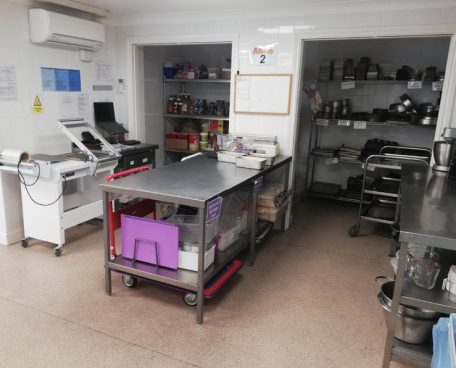 Food preparation area in the training kitchen at Crumbs training centre